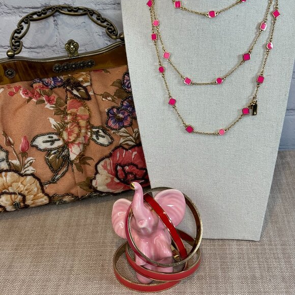 KATE SPADE Pink Cubetti 14kt GOLD Plated Necklace & Pink and Red Enamel Bracelet - Picture 1 of 3